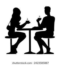 Young couple in a cafe. A man and a girl drink coffee and talking. Boyfriend and girlfriend. Vector illustration. Black silhouette isolated on white background