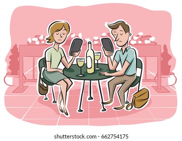 A young couple in a cafe pay more attention to their phones than each other.