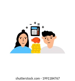 Young couple calculate and save money. Illustration on white background. 