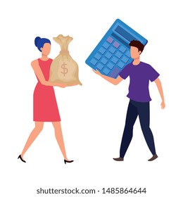 young couple with calculator and sack characters