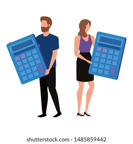 young couple with calculators characters