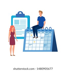 young couple with calendar characters