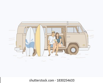 A young couple came to the beach in a house on wheels, to surf and relax at sea. Concept of vacation, summer holidays and good relationships. Flat minimalistic vector illustration
