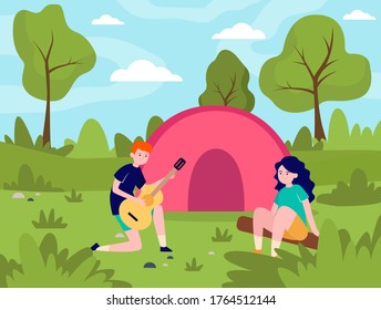 Young couple camping in forest. Guitar, tent, together flat vector illustration. Nature and love concept for banner, website design or landing web page