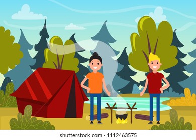 Young couple in camping. Tourism, outdoor recreation. Cartoon.
