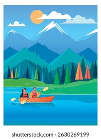 Young couple canoeing on a lake with beautiful mountains in the background