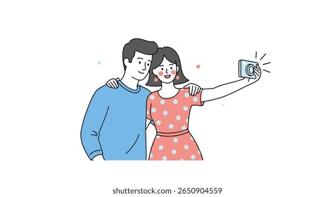 Jovem casal capturando memórias felizes com uma câmera digital juntos fazendo uma foto