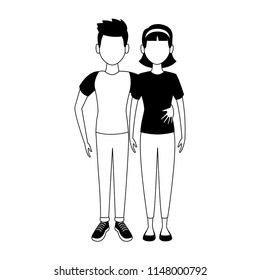 Young couple cartoon faceless in black and white