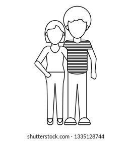 young couple cartoon faceless in black and white