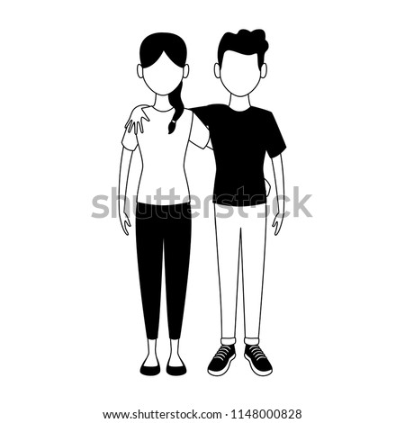 Young Couple Cartoon Faceless Black White Stock Vector