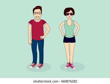 Young couple cartoon. Vector illustration of a young guy and women