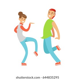 Young couple in casual clothes dancing colorful character vector Illustration