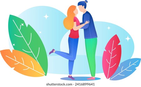 Young couple in casual clothes embracing and kissing. Modern style romantic moment with abstract leaves background. Love and relationship concept vector illustration.