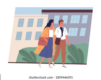 Young couple in casual clothes walking together along street. Man and woman strolling and chatting against the city landacape. Colorful flat vector illustration