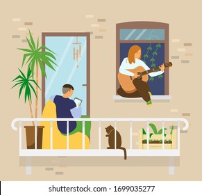 Young couple with cat on balcony. Man sitting in bean bag chair using tablet, girl playing guitar sitting on windowsill. Home activities. Flat vector illustration.