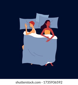 Young couple - caucasian man and african american woman sleeping on bed, flat vector illustration isolated on blue background. People characters during night rest.