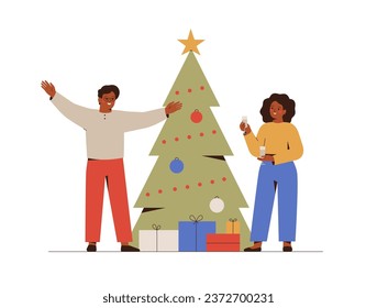 Young couple celebrate Christmas. African American man and woman near decorated xmas tree with gifts and champagne in glasses in the new year eve. Festive vector illustration 