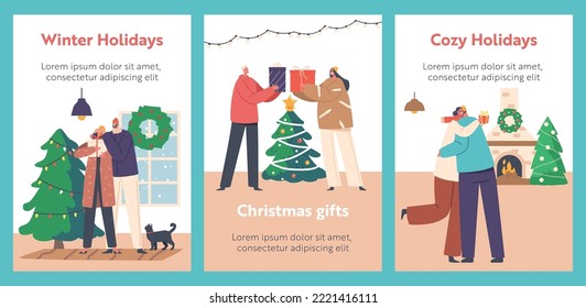 Young Couple Celebrate Christmas Holiday Cartoon Banners. People Give Gifts and Hugging near Fir Tree. Happy Family Characters Man and Woman New Year and Xmas Celebration. Vector Illustration, Posters