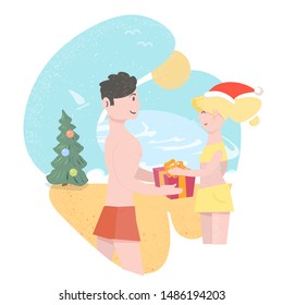 Young couple celebrates New Year at sea. Young family at resort. New Year holidays on beach. Vector illustration in cartoon flat style. Man gives girl New Year's gift. Christmas tree. Sunny day.