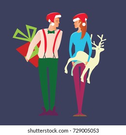 Young couple celebrates the new year. Man and woman in red cap of Santa Claus holding Christmas presents. Vector illustration.
