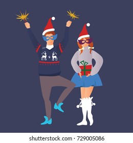 Young couple celebrates the new year. Man and woman in red cap of Santa Claus holding Christmas presents. Vector illustration.