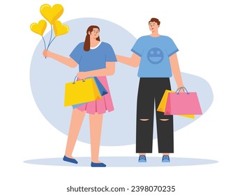 A young couple is celebrating an anniversary with balloons and shopping bags. Character design. Vector flat illustration