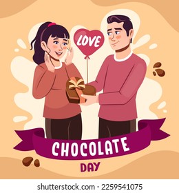 A young couple celebrating Chocolate Day with heart chocolate cookie, Social Media Stories Template Flat Cartoon Background. Hand lettering for poster, postcard, label, stickers, logo, vector.