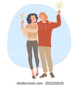 Young couple celebrating Christmas and New Year with sparklers in hands. Flat vector illustration of people holding festive fireworks with sparks isolated on white background.