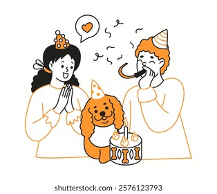 Young couple celebrating dog birthday orange color linear icon. Loving pet owners with pet and cake characters doodle simple illustration