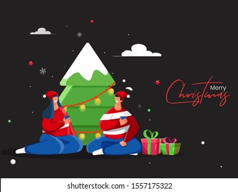 Young couple celebrating fest with drinks, gift boxes and decorated Xmas tree on background. Merry Christmas Concept.