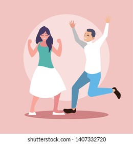 young couple celebrating with hands up