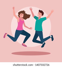 young couple celebrating with hands up