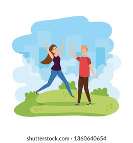 young couple celebrating in the park