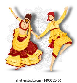 Young couple character dancing garba pose on white mandala floral background.