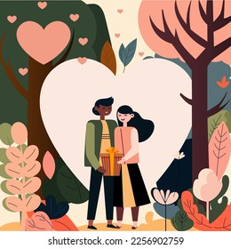 Young Couple Character Holding A Gift Box On Nature Background. Valentine's Day Concept.