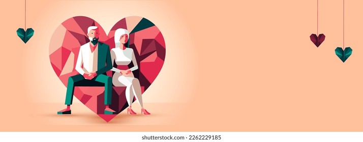 Personaje De Pareja Joven En Sentar Corazones De Pose Y Polígono En Fondo De Pare Con Espacio De Copia. Feliz Concepto de San Valentín.