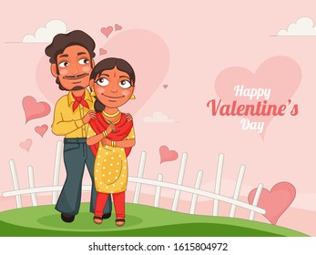 Young Couple Character Standing on Garden View with Pink Hearts Background for Happy Valentine's Day Celebration Concept.