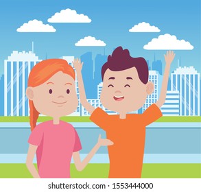 young couple characters in the city vector illustration design