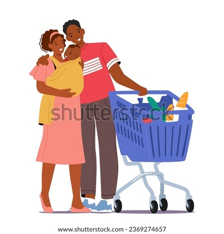 Young Couple Characters, Cradling Their Baby, Navigates The Bustling Aisles Of A Supermarket With A Loaded Shopping Cart, Blending Parenthood And Everyday Errands. Cartoon People Vector Illustration