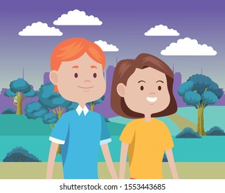 young couple characters in the field vector illustration design