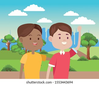young couple characters in the field vector illustration design