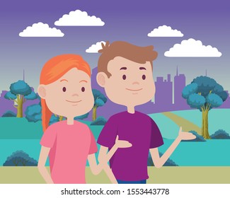 young couple characters in the field vector illustration design