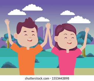 young couple characters in the field vector illustration design