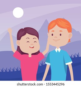 young couple characters in the field vector illustration design