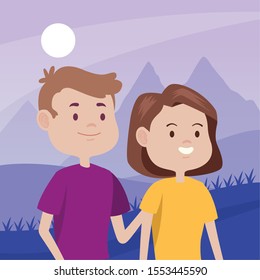 young couple characters in the field vector illustration design