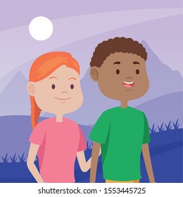 young couple characters in the field vector illustration design