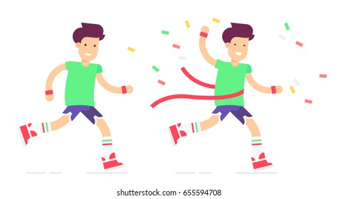 The young couple characters finishing and winning marathon. Pretty boys with the players and the professional app. Vector flat illustration. Very easy to edit. 