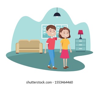 young couple characters in the livingroom vector illustration design
