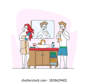 Young Couple Characters Morning Hygiene Procedure in Bathroom. Woman and Man front of Mirror Drying Hair and Brushing Teeth after Bath or Shower, Every Day Routine. Linear People Vector Illustration