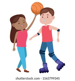 young couple characters playing basketball vector illustration design